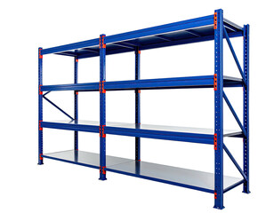 Steel shelving unit with four levels, blue frame, and white shelf surfaces