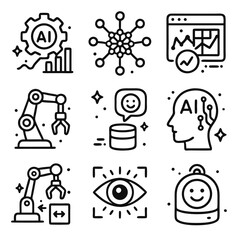 Artificial Intellegent icons featuring a robot, eye, and more, ideal for tech presentations, graphic design projects, or website illustrations.