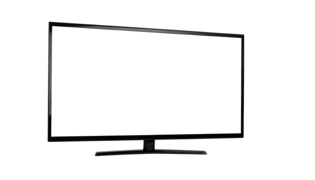 A large black flat screen television, turned off, against a solid black background