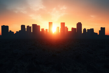 City skyline silhouette at sunrise with warm orange glow urban morning light