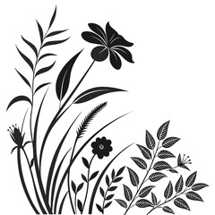 Black Silhouette of Tall Grasses and Flowers in a Corner Composition floral white