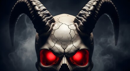 Close-up of a skull with large horns and glowing red eyes, set against a smoky background.