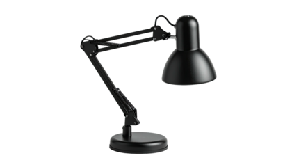 A black articulated desk lamp with a curved lampshade, isolated on black