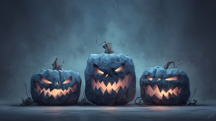 A playful Halloween 3D illustration featuring cheerful jack-o’-lanterns with glowing smiles