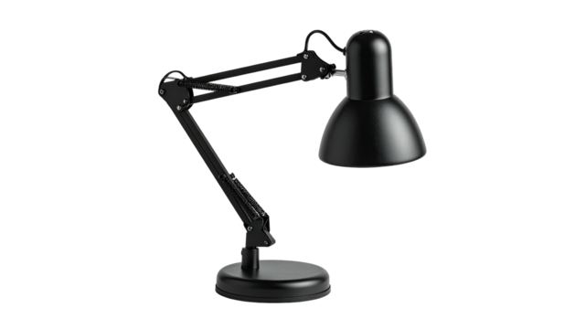 A black articulated desk lamp with a curved lampshade, isolated on black