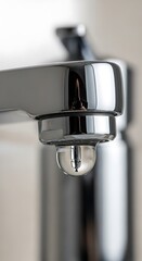 Close-up of a dripping faucet with a water droplet.