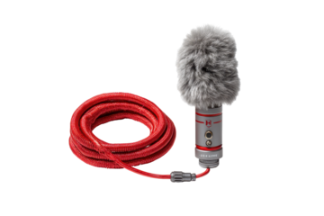 Professional shotgun microphone with furry wind cover and coiled red cable for audio recording