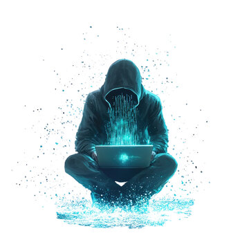 A hacker in a black hoodie sits with a laptop, surrounded by holographic code, isolated on a white background transparent, alpha background png