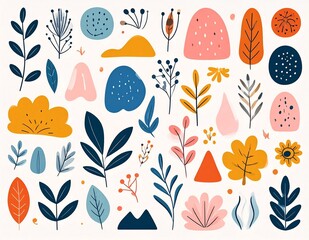 Abstract Modern Floral and Botanical Element Set in Muted Blue, Yellow, and Terracotta