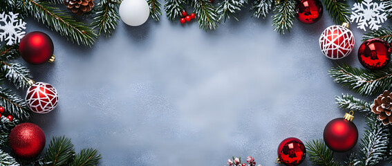 Christmas frame background with white snowflakes, red Christmas ornaments, and green pine branches on the edges of the photo.