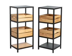 Two vertical metal shelving units with wooden crates on shelves