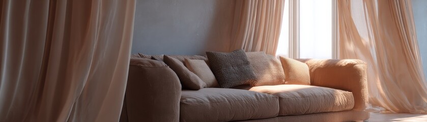 A cozy living room featuring a plush sofa, decorative pillows, and soft, flowing curtains, illuminated by natural light from a nearby window.