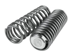 Two shiny, silver helical springs, one compressed, isolated on black background