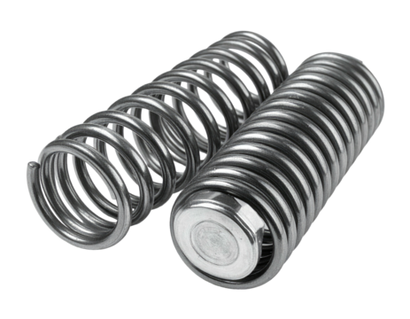 Two shiny, silver helical springs, one compressed, isolated on black background