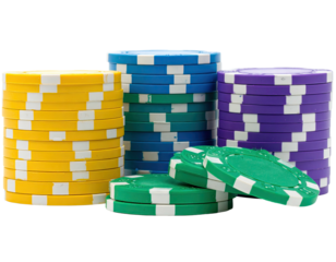 Colorful stacks of casino game playing currency on black background