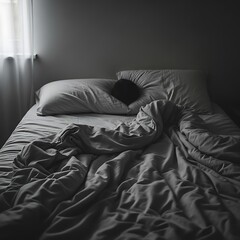 Unmade Bed in Black and White - A Study in Texture and Light.