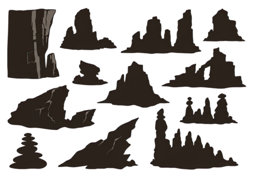 Collection of silhouette rock formations and geological features, ideal for graphic design and environmental art