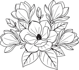 Magnolia Flower Silhouette – Elegant Botanical Vector Bouquet with Bloom and Leaves