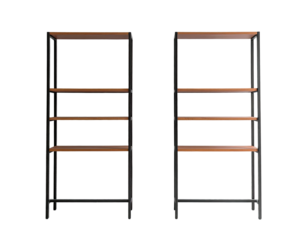 Two identical open wooden shelving units with black metal frames against black