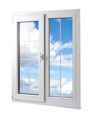 White double-paned window with grilles, sky view