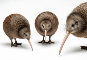 Three Kiwi Birds Standing on a White Background, Close-Up.