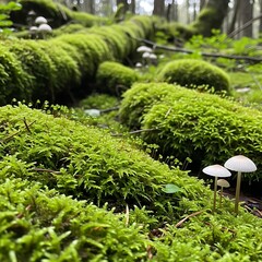 Mossy Forest Floor with Mushrooms and Fallen Log.