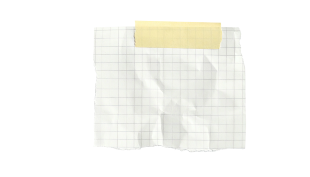 Torn grid paper note, crumpled, taped to the top; isolated on black