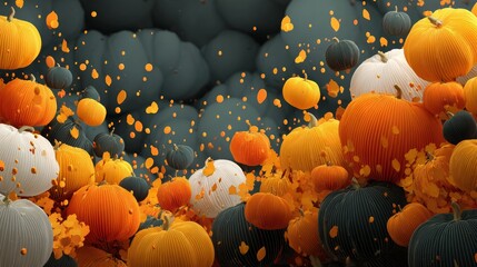 A playful Halloween 3D illustration featuring cheerful jack-o’-lanterns with glowing smiles
