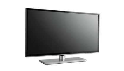 Modern flat-screen television with a silver stand, angled against a black background