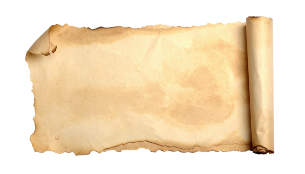 Aged parchment scroll with burned edges, ready for calligraphy on a black background