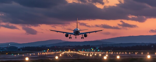 A dramatic sunset scene with an airplane landing on a runway, illuminated by runway lights against a colorful sky.