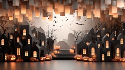 A playful Halloween 3D illustration featuring cheerful jack-o’-lanterns with glowing smiles