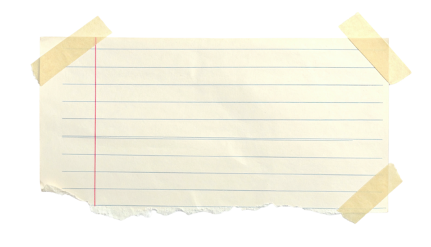 Torn lined paper, taped to a black backdrop, with a ragged edge and faded lines