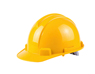 Isolated, bright yellow safety helmet against a black background, angled view