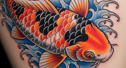 Vibrant tattoo art featuring a colorful koi fish swimming through stylized water waves.