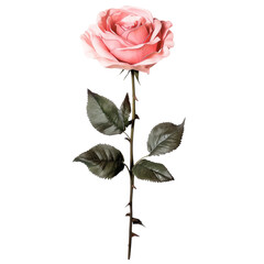 A large, bulky pink rose with long stems and leaves, on a white background transparent, alpha background png