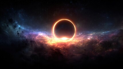 A stunning cosmic scene featuring a glowing eclipse surrounded by vibrant galaxies and star-filled skies.