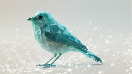 Low-poly avian figure, cool teal, with network diagram on a soft gradient background