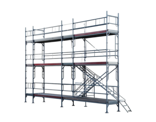 A metal scaffolding structure with multiple levels and a built-in staircase