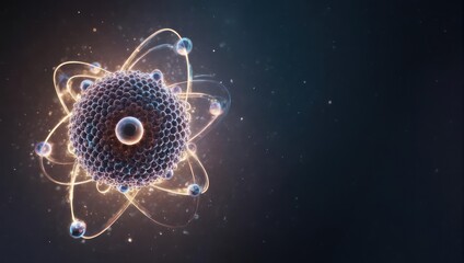 Illustration of an atom, showing nucleus and orbiting particles, on a dark, starry background