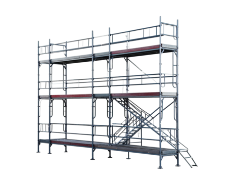 A metal scaffolding structure with multiple levels and a built-in staircase