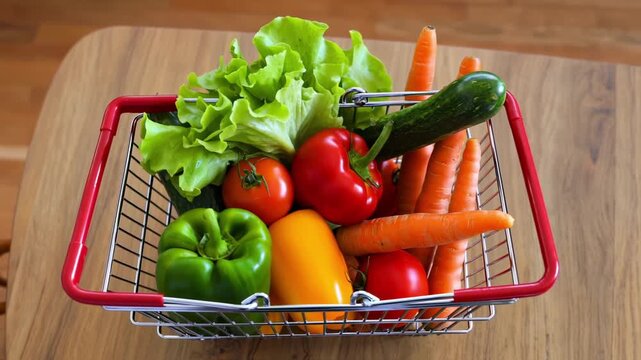 A shopping basket brimming with fresh vegetables sits on a wooden table. Crisp lettuce, colorful peppers, carrots, and a cucumber showcase healthy produce, perfect for nutritious homemade meals and sa
