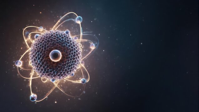 Illustration of an atom, showing nucleus and orbiting particles, on a dark, starry background - Powered by Adobe