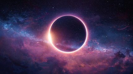 A stunning cosmic scene featuring a celestial body partially obscured, surrounded by vibrant colors of space and twinkling stars.