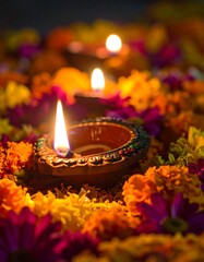 Diwali diyas in flower arrangement