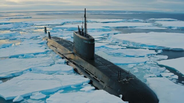 Powerful submarine breaking through Arctic ice floes in dynamic naval operation, showcasing military strength and technological prowess in icy waters