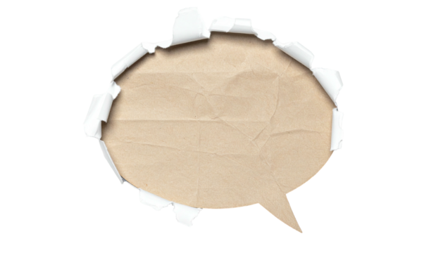 Torn paper reveals a speech bubble, textured brown background, black