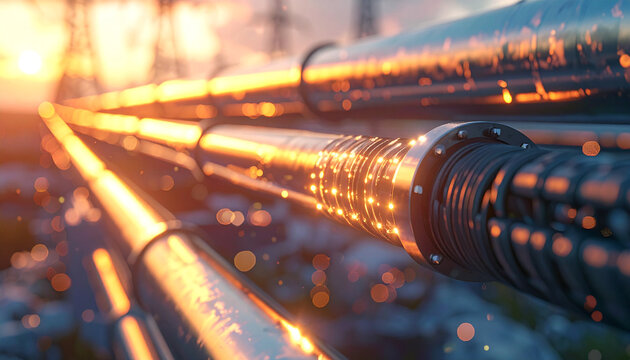 Industrial Pipeline Network: A network of metallic pipelines stretches across the horizon, glistening in the warm embrace of a golden sunrise, symbolizing industry and infrastructural power. 
