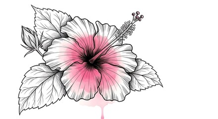 Hibiscus Flower Illustration with Pink Watercolor Accents.