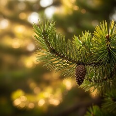Pine Branch with Cone in Autumn Sunlight - A Natural Beauty.